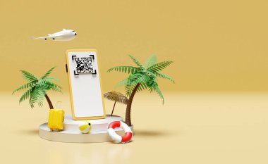 Cep telefonu, sahne podyumu, avuç içi, sahil koltuğu, QR kod taraması, uçak, çanta sarıda izole edilmiş. Çevrimiçi alışveriş, yaz tatili konsepti, 3D illüstrasyon, 3D görünüm