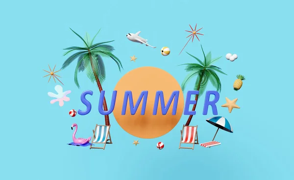 Summer Travel Beach Chair Ball Umbrella Plane Inflatable Flamingo Coconut —  Fotos de Stock