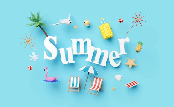 暑期旅游概念与海滩椅子 充气火烈鸟 椰子树 菠萝隔离蓝色 抽象背景 3D插图或3D渲染 — 图库照片