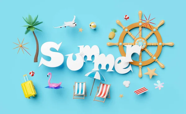 Summer Travel Concept Beach Chair Ball Umbrella Plane Inflatable Flamingo — стоковое фото