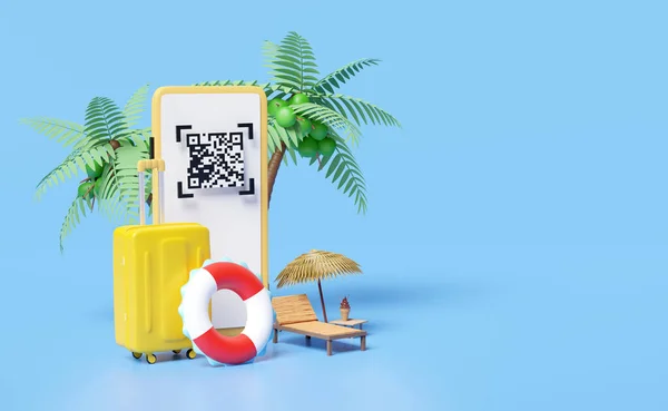 Mobile Phone Smartphone Lifebuoy Umbrella Palms Chair Code Scanning Suitcase — Fotografia de Stock