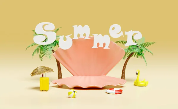 Shellfish Palms Suitcase Inflatable Flamingo Lifebuoy Umbrella Isolated Yellow Background — стоковое фото