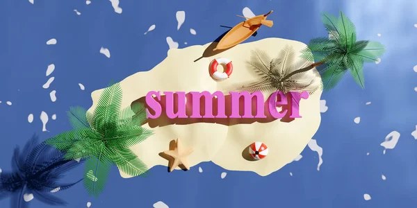 夏天带着球 椰子树 救生圈 被海水隔离的岛屿旅行 抽象背景 3D插图或3D渲染 — 图库照片