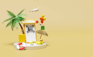 Cep telefonu, yaşam şamandıralı akıllı telefon, sahne podyumu, avuç içi tarama, QR kod taraması, uçak, çanta kağıdı sarıda izole edilmiş. Çevrimiçi alışveriş, yaz tatili konsepti, 3D illüstrasyon, 3D görünüm