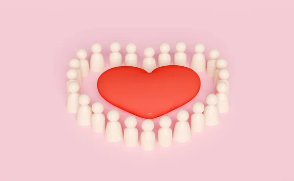 Wooden Figures Group Red Heart Isolated Pink Background Give Share — стоковое фото