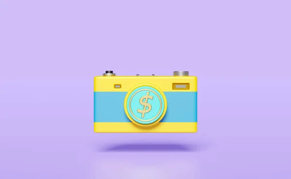Yellow Blue Camera Dollar Coin Money Isolated Purple Background Investment — Stock Photo, Image