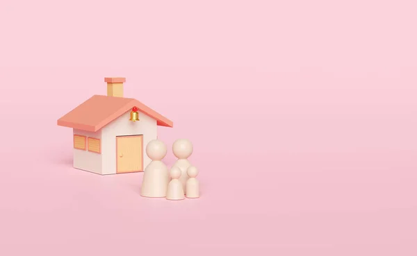 木制娃娃形象与房子 家庭形象孤立在粉红的背景 快乐的家庭 抵押贷款概念 3D说明 3D渲染 — 图库照片