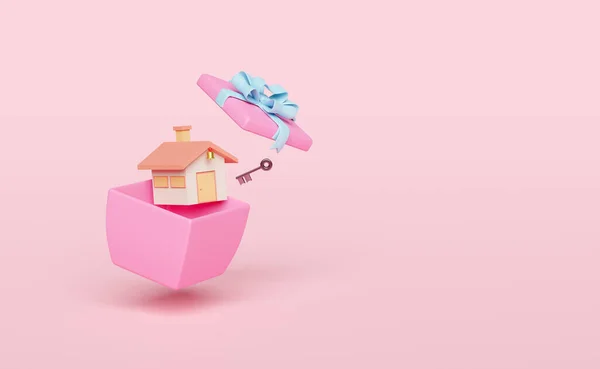 Σπίτι Κλειδί Ροζ Κουτί Δώρου Που Απομονώνονται Ροζ Φόντο Έννοια — Φωτογραφία Αρχείου