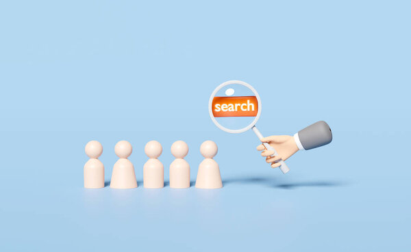 wooden figures with businessman hands holding magnifying glass isolated on blue background. recruitment staff concept, 3d illustration, 3d render