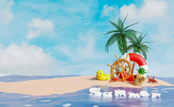 夏季旅游概念与风车 棕榈树 救生圈 手提箱 海滩隔离蓝天背景 3D插图或3D渲染 — 图库照片