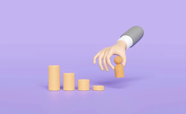 Businessman Hands Holding Wooden Figures Pile Stacked Coin Isolated Purple — 图库照片