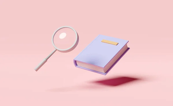 Textbook Book Magnifying Glass Icon Isolated Pink Background Render Illustration — Foto Stock