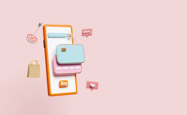 3D cep telefonu, kredi kartlı akıllı telefon, kalp ikonları, sosyal medya, bilgilendirmeler, hedef, pembe arka planda izole edilmiş oklar. çevrimiçi alışveriş, arama veri konsepti, 3D resimleme