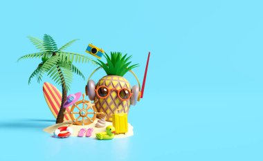 Ananas, miğfer, sörf tahtası, palmiye ağacı, can simidi, bavul, sarı ördek, sandalet, plaj, güneş gözlüğü, mavi arka planda izole edilmiş kulaklıklar. 3d resimleme
