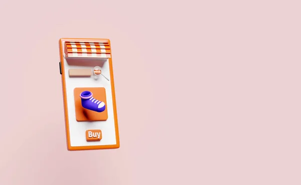 3D橙色手机 智能手机与店面 蓝色鞋子 购买标签 放大镜隔离粉红色背景 网上购物 搜索数据概念 3D渲染说明 — 图库照片