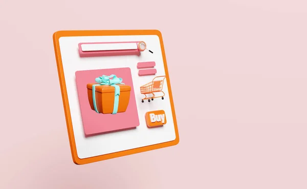 Orangefarbenes Handy Smartphone Mit Ladenfront Etikettenanhänger Kaufen Lupe Einkaufswagen Geschenkbox — Stockfoto