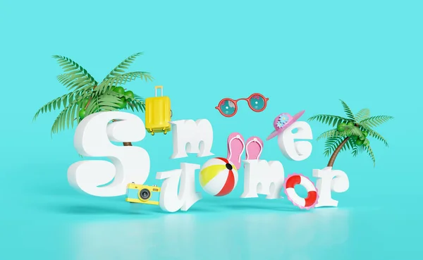 夏天旅行的概念与救生圈 椰子树 手提箱 太阳镜 帽子隔离蓝色 抽象背景 3D插图或3D渲染 — 图库照片