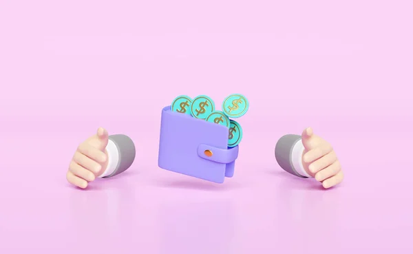 Бизнесмен Руки Защищая Деньги Долларовые Монеты Фиолетовый Бумажник Изолирован Розовом — стоковое фото