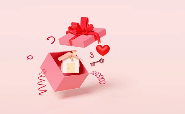 Haus Mit Schlüssel Rosa Geschenkbox Rotes Herz Isoliert Auf Rosa — Stockfoto