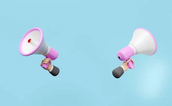 Zakenman Handen Houden Roze Megafoon Hand Spreker Geïsoleerd Blauwe Achtergrond — Stockfoto