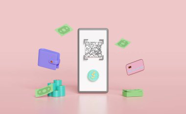 Barkodlu cep telefonu ya da akıllı telefon QR kod taraması, cüzdan, banknotlar, kredi kartı, pembe arka planda izole edilmiş para. Çevrimiçi alışveriş, nakit ödeme konsepti, 3D illüstrasyon, 3D çizim