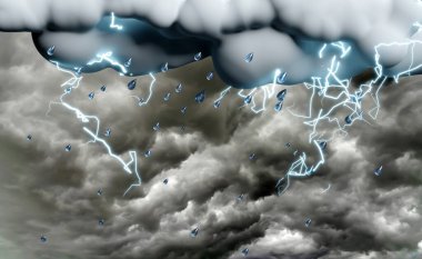 Bulut ve yağmurla gök gürültüsü, yağmur mevsiminde su sıçraması gri arka planda izole edilmiş. Konsept 3d illüstrasyon, 3d canlandırma