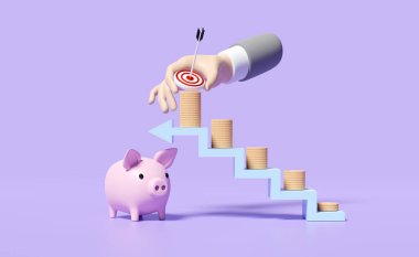 3D işadamı hedefini elinde bozuk paralar, kumbaralar, çizelgeler ve mor arka planda izole edilmiş basamaklar ile tutuyor. Tasarruf, iş büyümesi, fon, faiz konsepti, 3D resimleme 