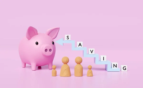 3d piggy bank with wooden figures, charts, step graph isolated on pink background. saving money, business growth, fund, interest concept, 3d render illustration
