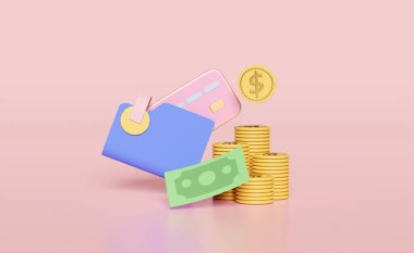 yığınla para, cüzdan, banknotlar, pembe arka planda izole edilmiş kredi kartı. Çevrimiçi alışveriş, nakit ödeme konsepti, 3D illüstrasyon, 3D çizim