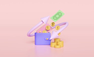 Banknotlu 3D cüzdan, pembe arka planda izole edilmiş bozuk para. ok nakli, nakit para biriktirme, para biriktirme iş konsepti, 3D çizim