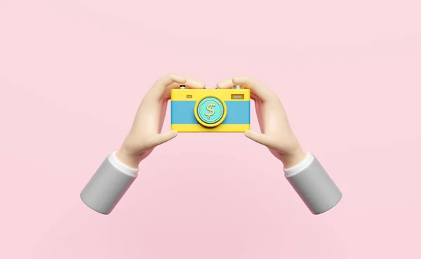 Zakenman Handen Houden Camera Met Munt Geïsoleerd Roze Abstracte Achtergrond — Stockfoto