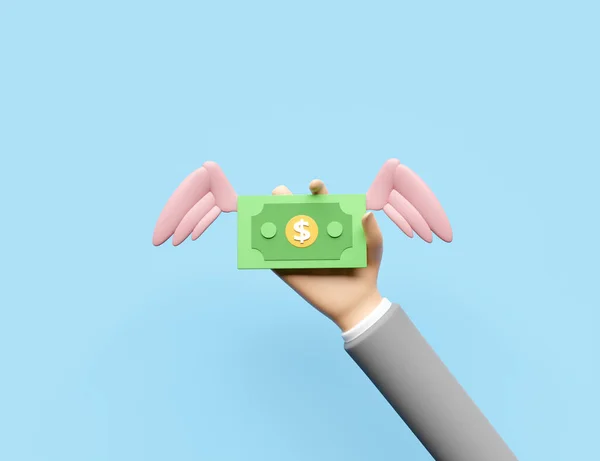 Mãos Empresário Segurando Asas Notas Dólar Voador Isolado Fundo Azul — Fotografia de Stock