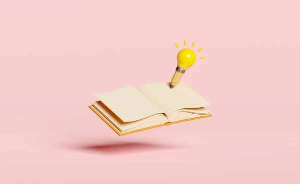 Kalemli sarı ampul, pembe arka planda izole edilmiş açık kitap. Fikir eğitimi, bilgi fikirleri yaratır, asgari soyut, 3 boyutlu illüstrasyon, 3 boyutlu canlandırma