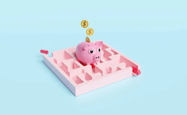 Labyrinth Mit Sparschwein Münzgeld Pfeilen Auf Blauem Hintergrund Minimal Abstract — Stockfoto