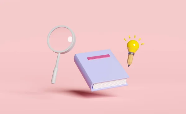 黄色灯泡 铅笔课本 书放大镜图标隔离粉红色背景 概念提示教育 知识创造概念 3D说明 3D渲染 — 图库照片