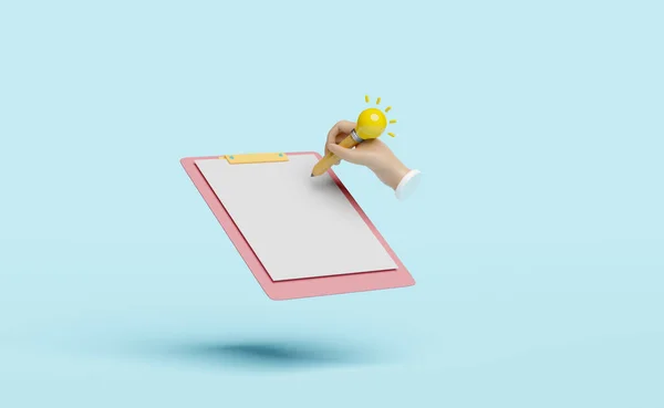 check list empty with hands holding yellow light bulb pencil isolated on blue background. concept 3d illustration, 3d render
