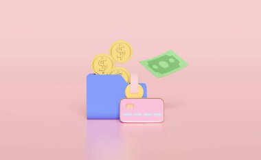 Mavi cüzdanlı para, banknotlar, pembe arka planda izole edilmiş kredi kartı. Çevrimiçi alışveriş, nakit ödeme konsepti, 3D illüstrasyon, 3D çizim