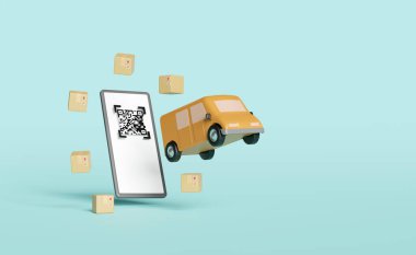 3D turuncu kamyon, cep telefonlu teslimat minibüsü, akıllı telefon, QR kod taraması, mavi arka planda izole edilmiş karton kutu. servis, ulaşım, nakliye konsepti, 3D resimleme