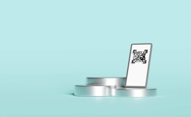 Gümüş cep telefonu veya sahne podyumu boş akıllı telefon, barkod, qr kod taraması, mavi arka planda izole edilmiş kontrol işareti. Çevrimiçi alışveriş kavramı, 3D illüstrasyon, 3D canlandırma