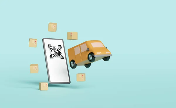 3D橙色卡车 运送货车与手机 智能手机 Qr代码扫描 货物纸板箱隔离蓝色背景 Service Transport Shipping Concept Rendering — 图库照片
