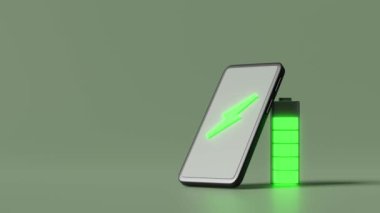 Yeşil arka planda izole edilmiş şarj göstergesiyle şarj edilen akıllı telefon ya da cep telefonlu 3D animasyon. Pil teknolojisi konsepti