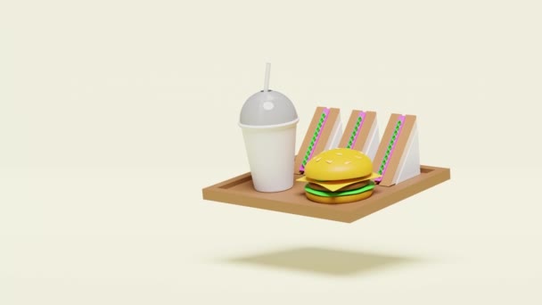 ハンバーガーやハンバーガーと3Dアニメーション サンドイッチ トレイ上のガラスが実行されている — ストック動画