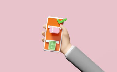 Cep telefonu tutan işadamı elleri, banknotlu akıllı telefon, çek işareti, pembe arka planda izole edilmiş kredi kartı. para çekme, ATM aktarım konsepti, 3d illüstrasyon, 3d canlandırma
