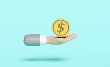 3D iş adamı, mavi arka planda bir dolar tutuyor. Para tasarrufu iş konsepti, 3D resimleme