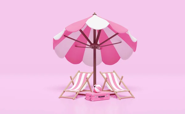 Zomervakantie Met Koffer Strandstoel Parasol Bal Geïsoleerd Roze Achtergrond Concept — Stockfoto