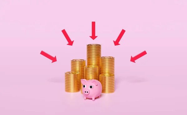 Sparschwein Mit Gestapeltem Münzgeld Isoliert Auf Rosa Hintergrund Transferpfeile Cashback — Stockfoto