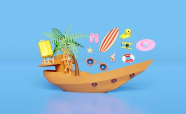 Dümeni, kıç tekeri, bavulu, palmiye ağacı, can simidi, sarı ördek, ada, kamera, sörf tahtası, mavi arka planda izole sandaletler. Yaz seyahati konsepti, 3D resimleme