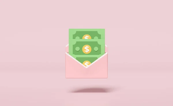 Banknote Flying Open Envelope Isolated Pink Background Cashback Saving Money — Stock Photo, Image