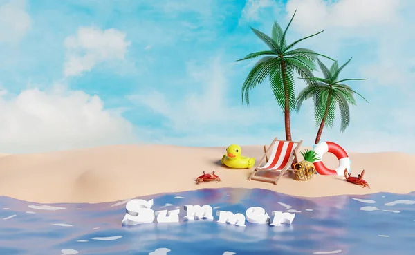 Zomer Reizen Concept Met Palmboom Reddingsboei Zee Ananas Gele Eend — Stockfoto