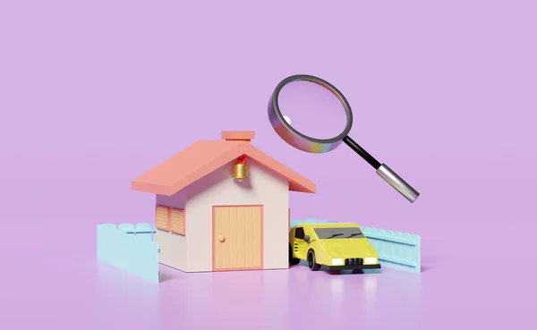 Casa Com Lupa Cerca Carro Isolado Fundo Roxo Compras Line — Fotografia de Stock